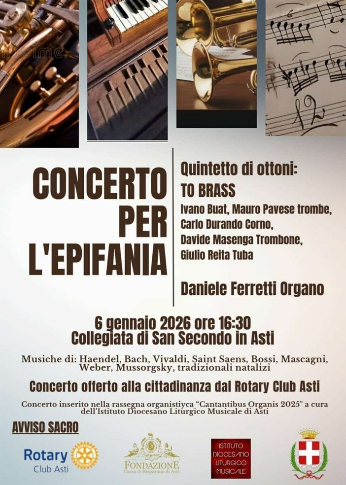 Concerto per l’Epifania: la musica degli ottoni e dell’organo risuona nella Collegiata di San Secondo Concerto per l’Epifania: la musica degli ottoni e dell’organo risuona nella Collegiata di San Secondo