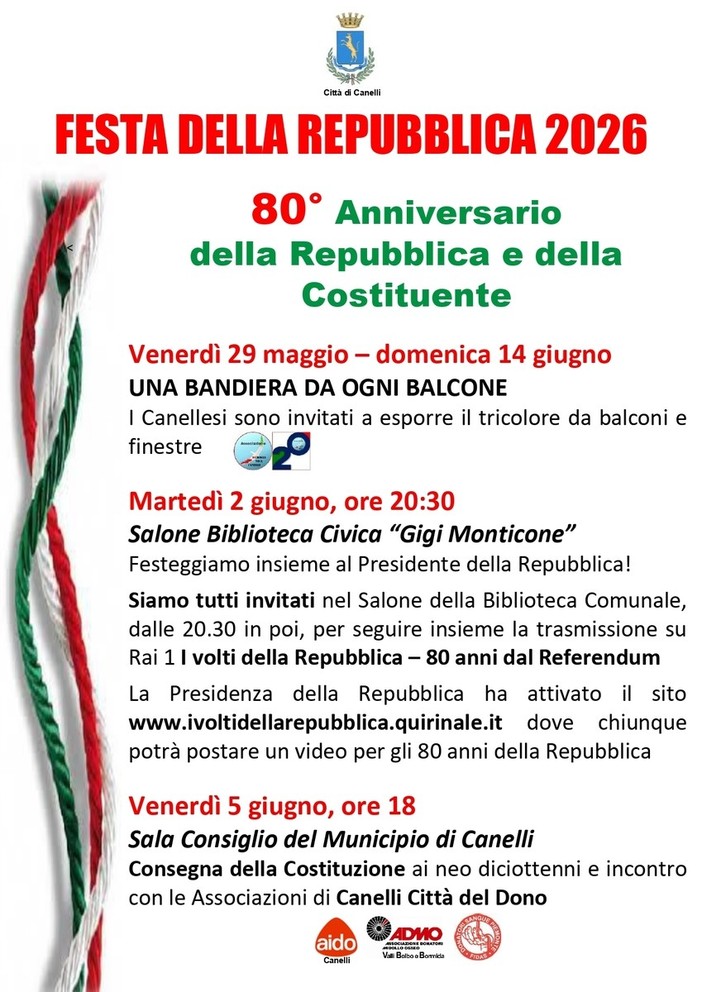 Canelli celebra gli 80 anni della Repubblica tra memoria, Tricolore e Costituzione
