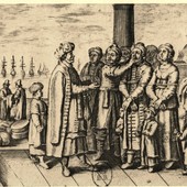 Il mercato degli schiavi europei in una stampa del XVII secolo