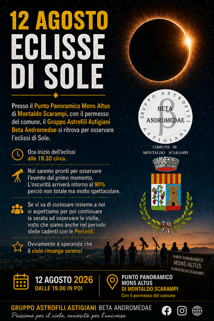 A Montaldo Scarampi una serata con il naso all’insù: arriva l’eclissi di Sole al Mons Altus A Montaldo Scarampi una serata con il naso all’insù: arriva l’eclissi di Sole al Mons Altus