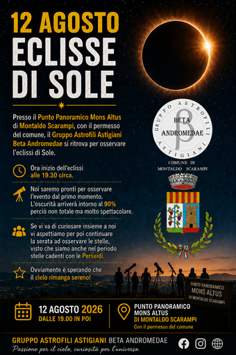A Montaldo Scarampi una serata con il naso all’insù: arriva l’eclissi di Sole al Mons Altus A Montaldo Scarampi una serata con il naso all’insù: arriva l’eclissi di Sole al Mons Altus