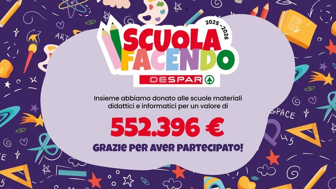 Despar, un successo il progetto "Scuolafacendo": donati oltre 550mila euro in materiali didattici agli istituti italiani. "Una spesa quotidiana che si trasforma in supporto concreto all'educazione"