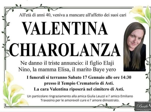 Asti in lutto per la scomparsa della 40enne Valentina Chiarolanza