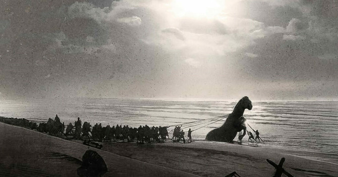 Un iconico fermo immagine tratto dall'attesissima "Odissea" firmata da Christopher Nolan Un iconico fermo immagine tratto dall'attesissima "Odissea" firmata da Christopher Nolan