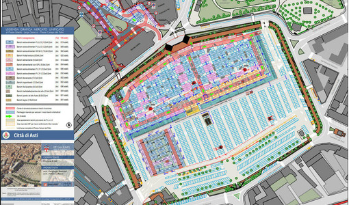 La planimetria della nuova disposizione degli stalli mercatali La planimetria della nuova disposizione degli stalli mercatali