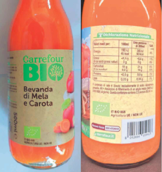 Richiamo per il succo di frutta bio Carrefour per possibili frammenti di vetro
