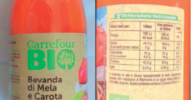 Richiamo per il succo di frutta bio Carrefour per possibili frammenti di vetro