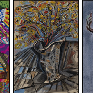 Collage di alcune delle opere in mostra: Squirrel, Uomo-Circo, 1974. Inchiostro nero e pennarelli policromi su carta spessa, 24,5x16,7 cm. Archivio Paolo Conte, Asti