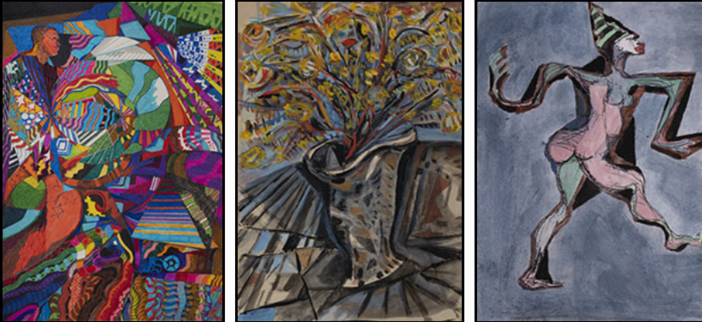 Collage di alcune delle opere in mostra: Squirrel, Uomo-Circo, 1974. Inchiostro nero e pennarelli policromi su carta spessa, 24,5x16,7 cm. Archivio Paolo Conte, Asti