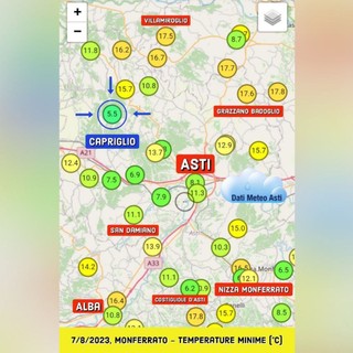 Le temperature minime rilevate nella notte (screenshot da Dati Meteo Asti)