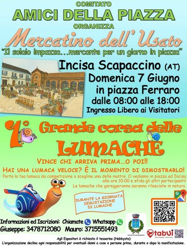 Mercatino dell’usato e corsa di lumache: domenica 7 giugno a Incisa Scapaccino