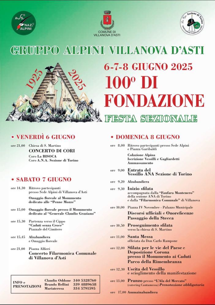 Villanova d’Asti, tre giorni di festa per i 100 anni dalla fondazione del gruppo alpini del paese