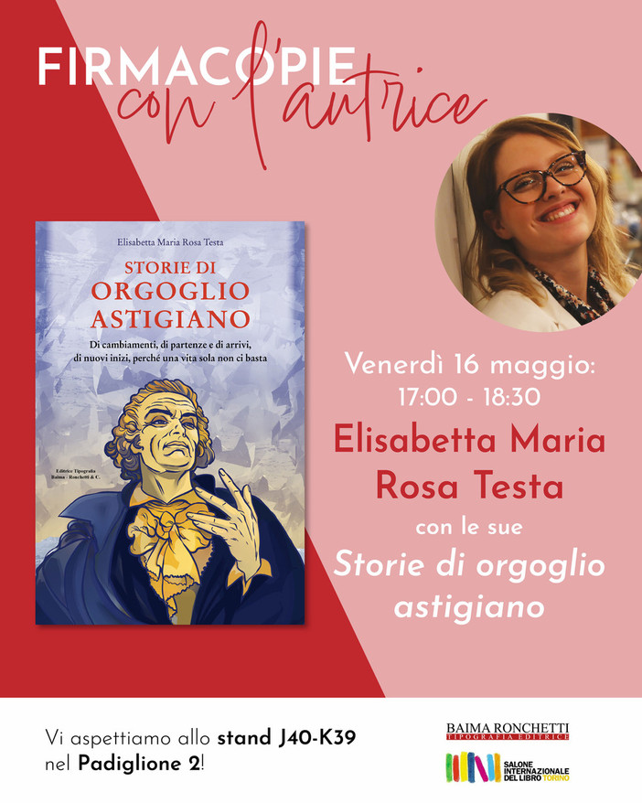 Il nuovo libro sulle &quot;Storie di Orgoglio Astigiano&quot; al Salone del Libro di Torino, per un firmacopie con l'autrice