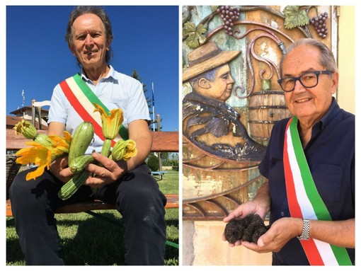 Nel montaggio fotografico il sindaco di Dusino San Michele Valter Molino con gli zucchini e il collega di Roatto Bruno Colombo con il tartufo nero, prodotti tipici che animano gli eventi dei rispettivi paesi