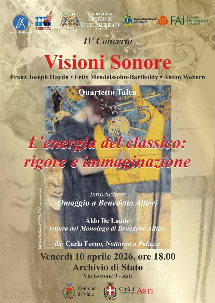 Visioni sonore, quarto concerto del ciclo all’Archivio di Stato di Asti: venerdì 10 aprile il Quartetto Talea in omaggio a Benedetto Alfieri