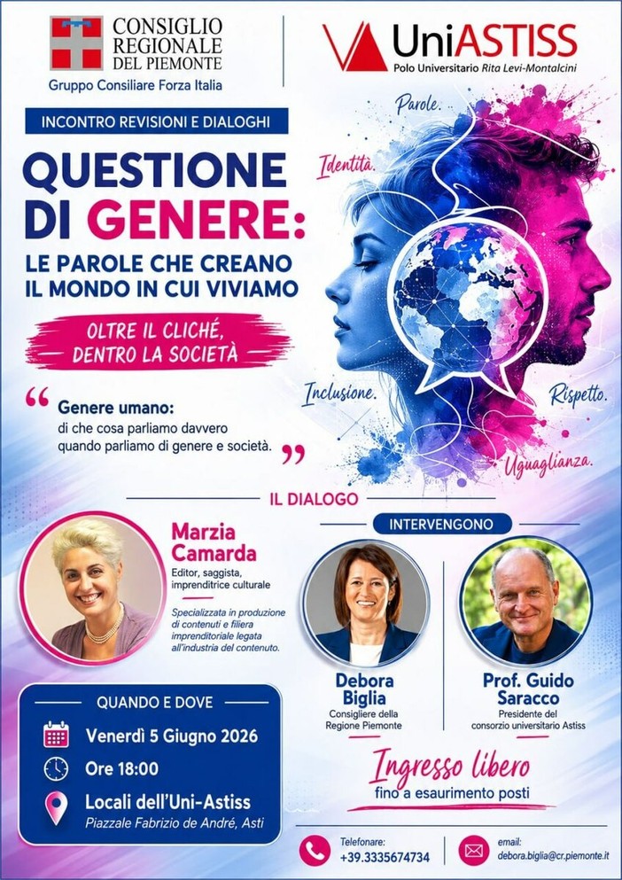 Asti, un incontro su linguaggio e questione di genere: come le parole influenzano società, identità e democrazia Asti, un incontro su linguaggio e questione di genere: come le parole influenzano società, identità e democrazia