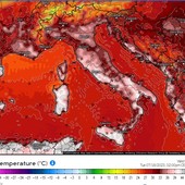 Le temperature previste per domani alle 14 da ECMWF (European Centre for Medium-Range Weather Forecasts). Notare i valori che si avvicinano al fondo scala