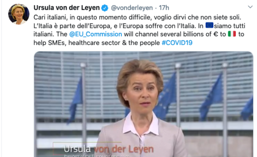 Coronavirus: &quot;Siamo vicini all'Italia, in questo momento in Europa siamo tutti italiani&quot; il messaggio della presidente della Commissione Ue, Ursula von der Leyen