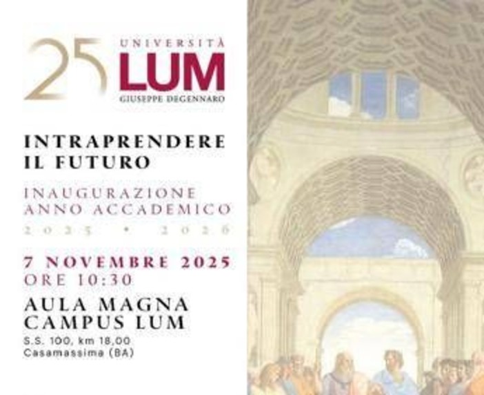 Università Lum, venerdì 7 novembre cerimonia di inaugurazione anno accademico Università Lum, venerdì 7 novembre cerimonia di inaugurazione anno accademico